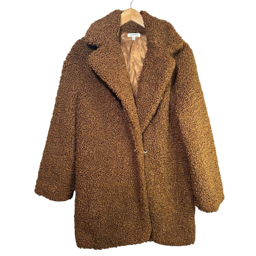 Max Studio Women’s Longline Teddy Coat Winter Jacket Sienna Brown Large Elegant